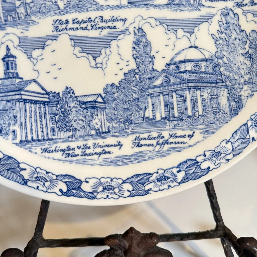 Vernon Kilns Virginia State Souvenir Plate Blue White Transferware Landmarks